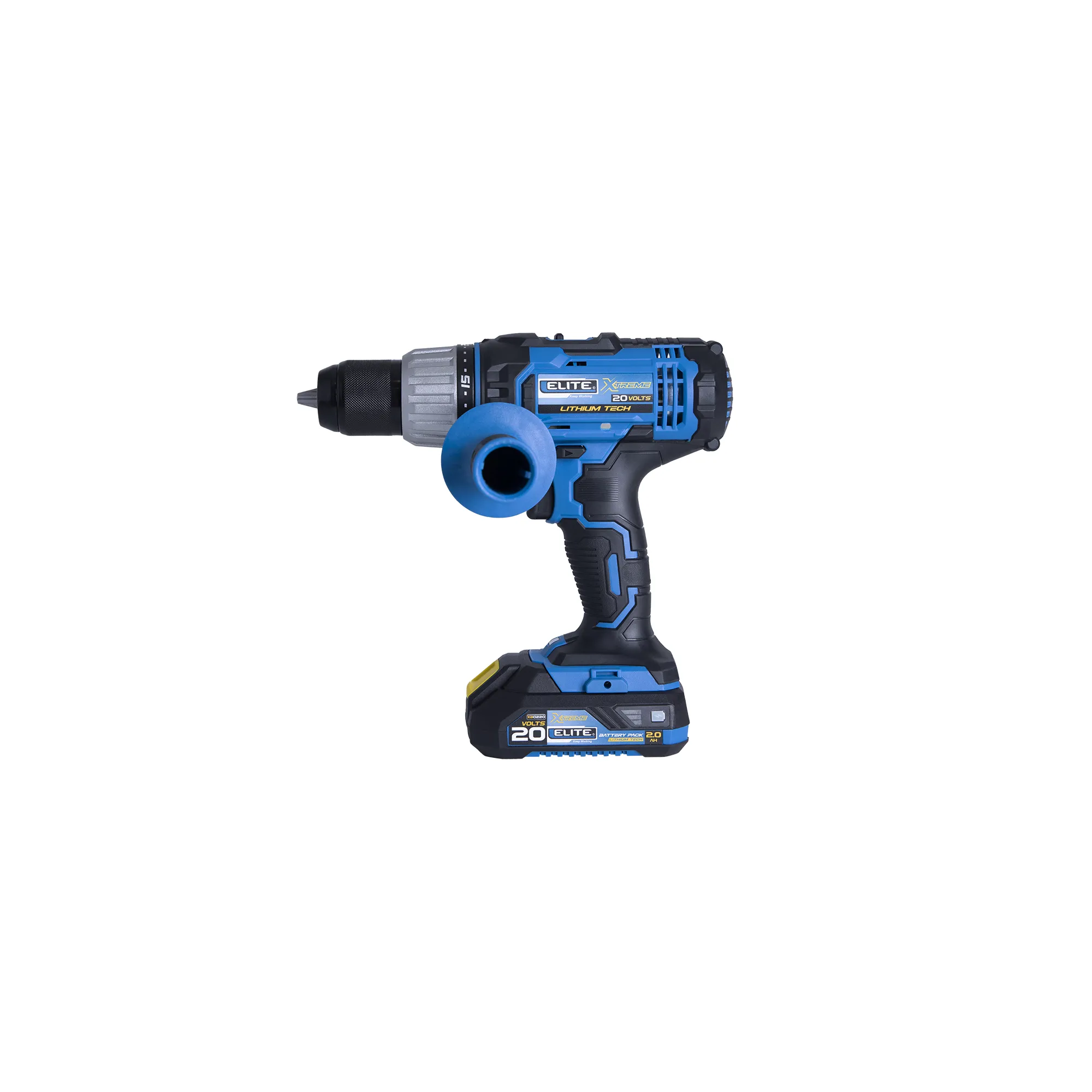 Taladro inalámbrico percutor 20V Mandril 2" - 13mm 1.650RPM ELITE XTREME con 2 Baterías, Cargador, Clip Cinturón, Punta Destornillador y Estuche Plástico